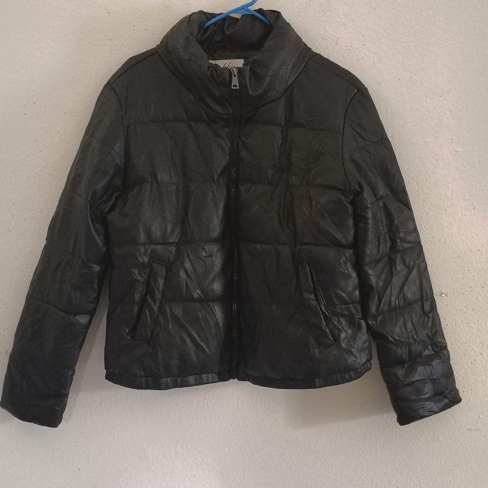 Sebby Black Faux Leather Puffer Jacket Size L – used in good condition